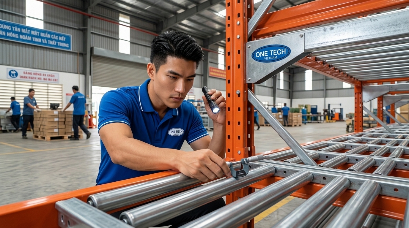 Bảo trì kệ flowrack kiểm tra con lăn beam và chân trụ
