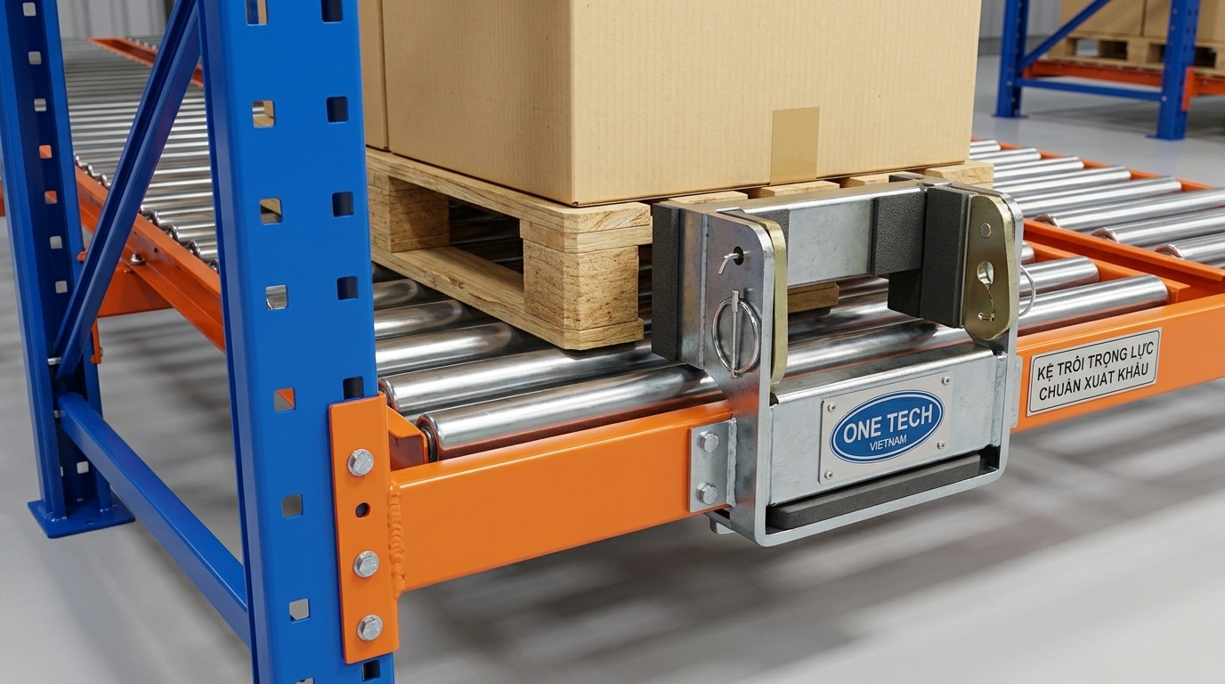 Cấu tạo kệ flowrack gồm khung thép beam con lăn và chặn đầu