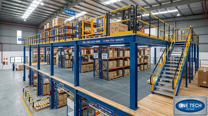Kệ sàn mezzanine thực tế trong kho công nghiệp Hình ảnh thực tế kệ sàn mezzanine trong kho hàng công nghiệp