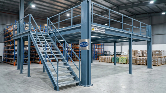 Kệ sàn mezzanine có cầu thang lan can Kệ sàn mezzanine thực tế có cầu thang và lan can bảo vệ