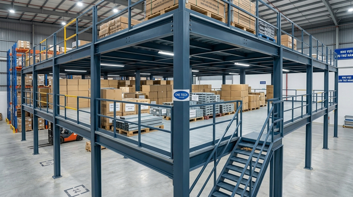 Mặt sàn mezzanine lưu trữ thùng hàng Mặt sàn mezzanine rộng dùng để lưu trữ thùng hàng