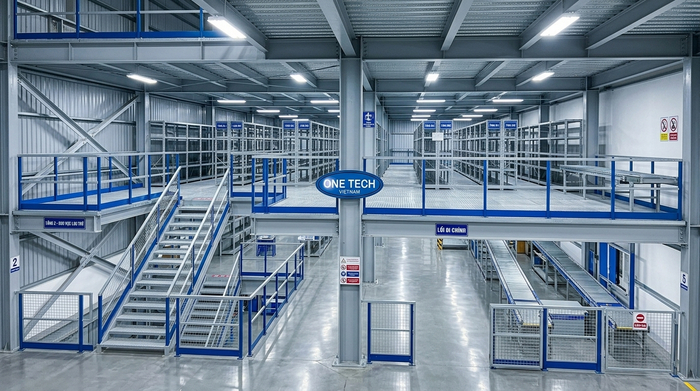 Lối đi thao tác trên kệ sàn mezzanine Kệ sàn mezzanine bố trí lối đi thao tác cho nhân viên kho
