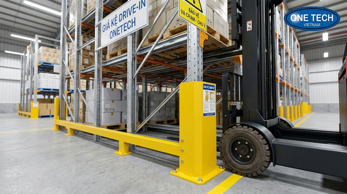 Bảo vệ chân trụ kệ drive in thực tế hạn chế va chạm xe nâng