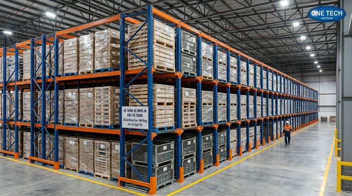 Kệ drive in thực tế trong kho cao chứa nhiều tầng pallet
