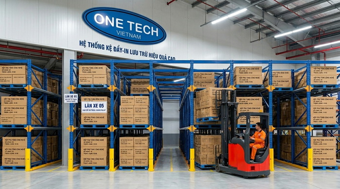 Xe nâng di chuyển vào lane kệ drive in thực tế