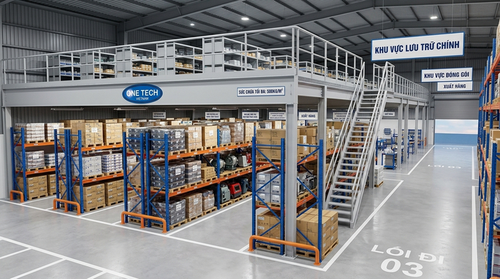 Kệ sàn mezzanine kết hợp kệ pallet Kệ sàn mezzanine kết hợp khu lưu trữ pallet trong kho lớn