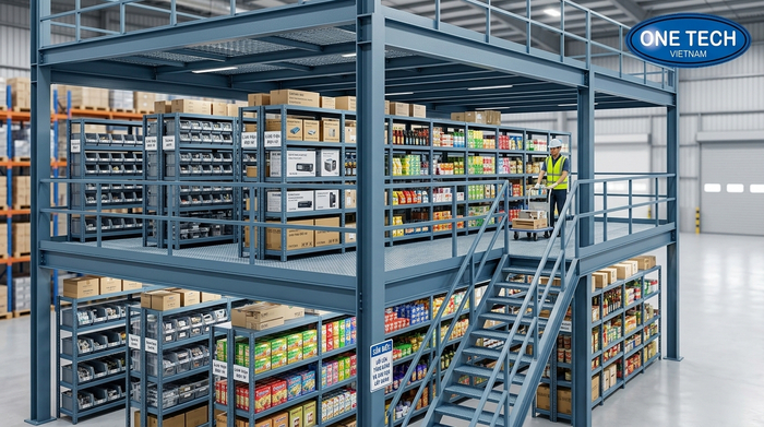 Kệ mezzanine kết hợp kệ trung tải Kệ sàn mezzanine kết hợp kệ trung tải trong kho hàng