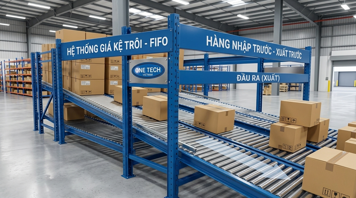 Nguyên lý FIFO trên kệ flowrack hàng trượt từ đầu nhập đến đầu xuất
