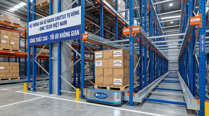 Robot shuttle di chuyển pallet trên ray kệ kho tự động Radio Shuttle