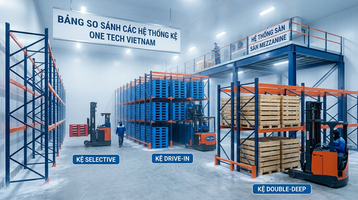 So sánh kệ Selective Drive-In Double-Deep và mezzanine cho kho lạnh