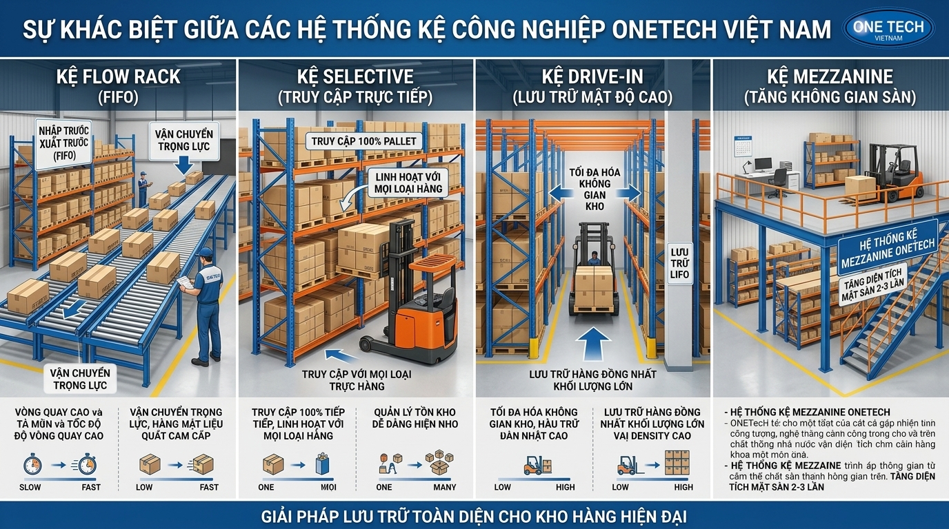 So sánh kệ flowrack với kệ selective drive in và mezzanine