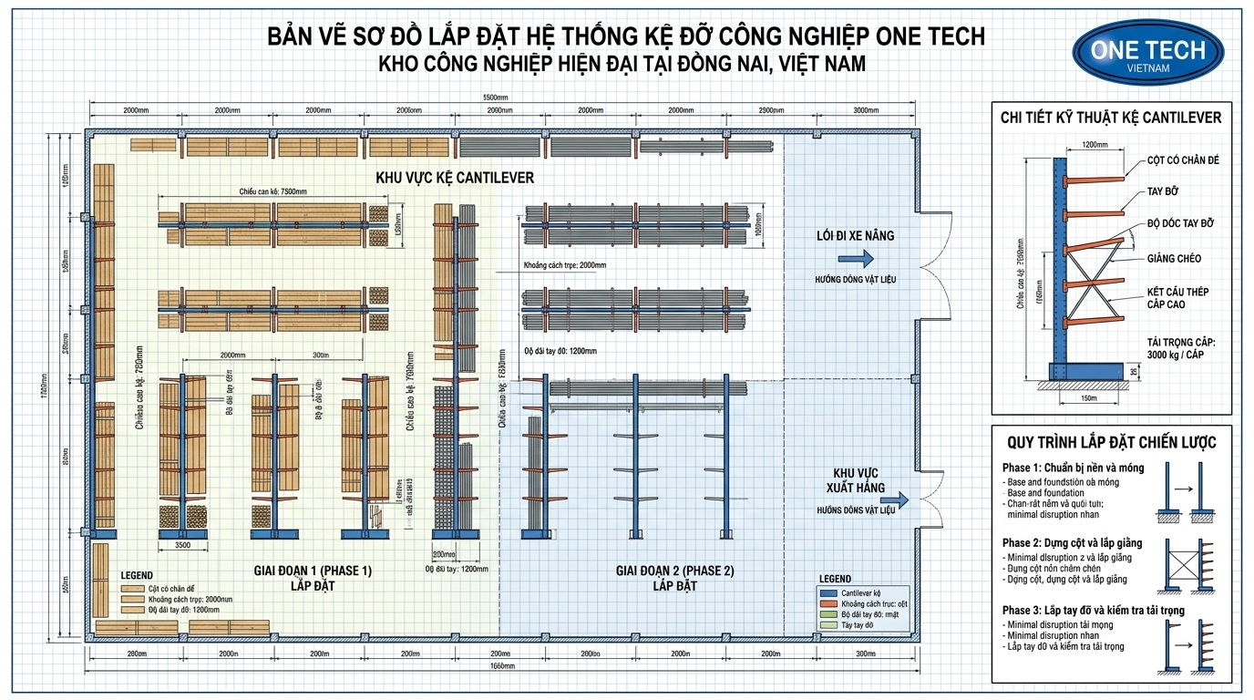Bản vẽ bố trí kệ cantilever cho kho hàng Đồng Nai