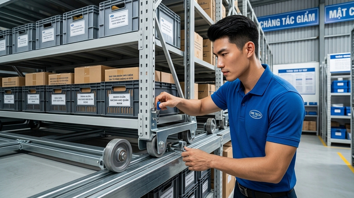 Bảo trì kệ kho di động định kỳ Bảo trì định kỳ kệ kho di động kiểm tra ray bánh xe và khóa an toàn