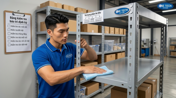 Hướng dẫn bảo trì kệ kho chứa hàng Đồng Nai Nhân viên kiểm tra và bảo trì kệ sắt v lỗ định kỳ