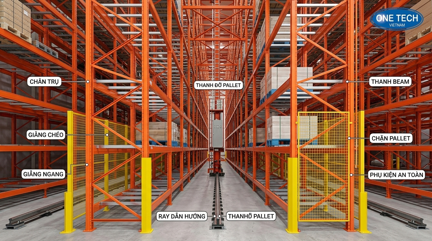 Cấu tạo kệ ASRS gồm trụ beam giằng và ray dẫn hướng Cấu tạo kệ tải trọng cao cho hệ thống ASRS