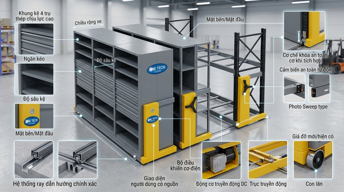 Cấu tạo hệ thống kệ kho di động Cấu tạo kệ kho di động gồm khung kệ ray bánh xe và khóa an toàn