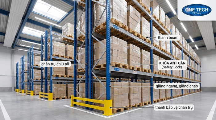 Cấu tạo kệ khe hẹp Narrow Aisle Cấu tạo kệ khe hẹp Narrow Aisle gồm chân trụ beam giằng và bảo vệ trụ
