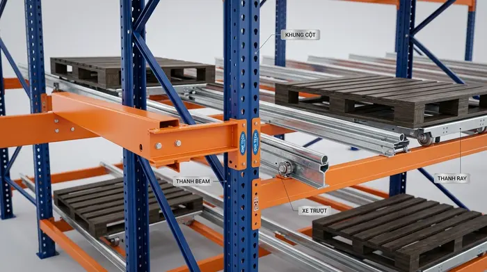 Cấu tạo chi tiết Kệ Push Back Đồng Nai Cấu tạo hệ Kệ Push Back Đồng Nai gồm khung cột thanh beam ray và xe trượt