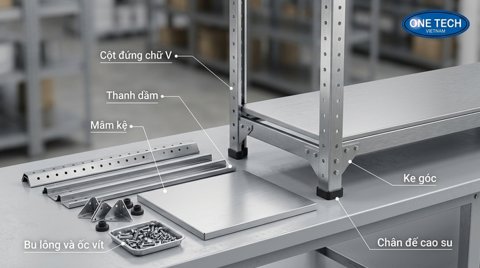 Chi tiết linh kiện kệ sắt v lỗ chính hãng OneTech Cấu tạo chi tiết các bộ phận của kệ sắt chữ V