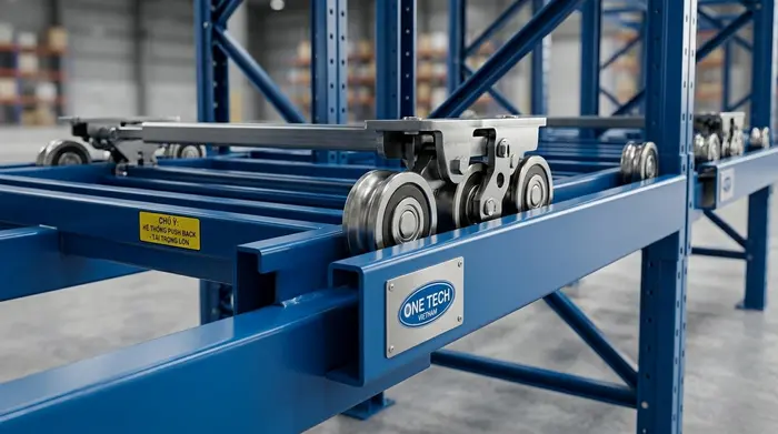 Ray và xe trượt kệ Push Back tải trọng nặng Chi tiết ray và xe trượt của kệ Push Back tải trọng nặng