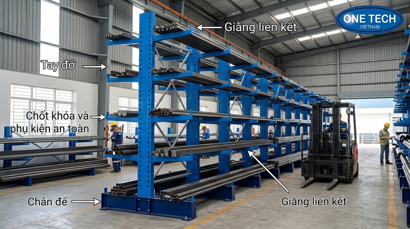 Kệ cantilever trong kho vật tư dài tại Đồng Nai