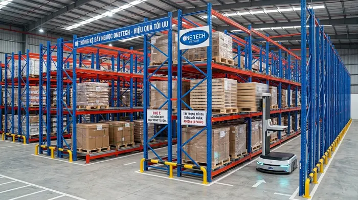 Cơ chế đẩy lùi của kệ Push Back Đồng Nai Cơ chế hoạt động của Kệ Push Back Đồng Nai trong kho pallet