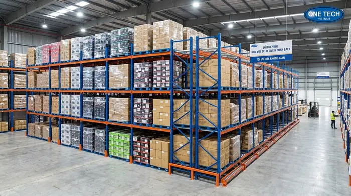 Kết hợp kệ Push Back với các loại kệ kho hàng khác Kệ Push Back Đồng Nai kết hợp Selective để tối ưu nhiều nhóm hàng