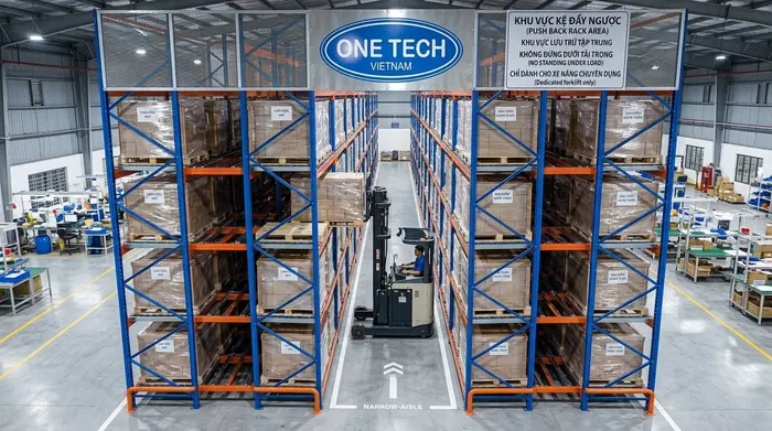 Kệ Push Back giảm lối đi trong kho pallet Kệ Push Back Đồng Nai giúp giảm lối đi so với kệ truyền thống