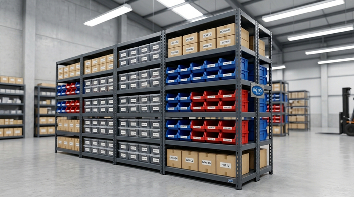 Kệ thép V lỗ 6 tầng chứa linh kiện điện tử Mẫu kệ sắt v lỗ 6 tầng mật độ cao