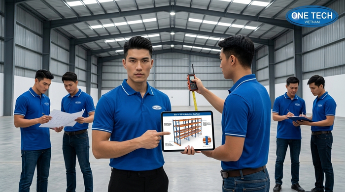 Đội ngũ kỹ thuật OneTech khảo sát mặt bằng kho bãi Đội ngũ kỹ thuật OneTech khảo sát mặt bằng kho bãi