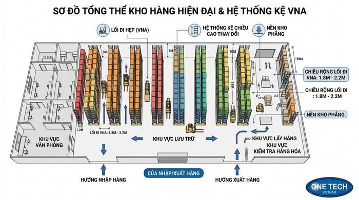 Mặt bằng lối đi hẹp cho kệ Narrow Aisle Mặt bằng bố trí lối đi hẹp cho kệ Narrow Aisle trong kho Đồng Nai
