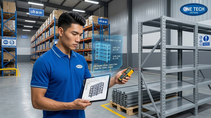 Quy trình khảo sát và thiết kế kệ sắt v lỗ Đồng Nai Kỹ sư OneTech khảo sát mặt bằng kho hàng