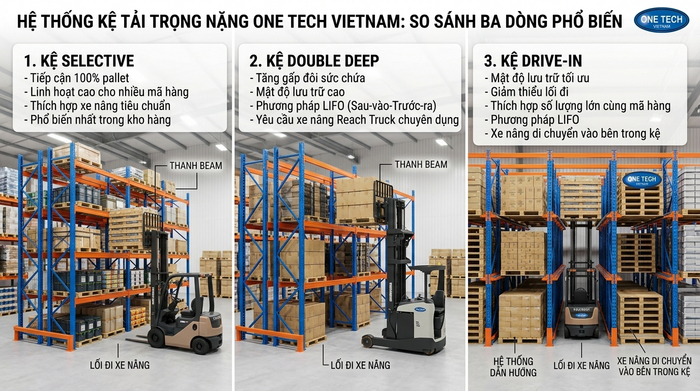 So sánh kệ Double Deep với các loại kệ công nghiệp So sánh kệ Double Deep với Selective và Drive In trong kho Đồng Nai