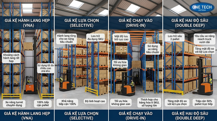 So sánh các loại kệ công nghiệp cho kho Đồng Nai So sánh Kệ Narrow Aisle với kệ Selective Drive In và Double Deep
