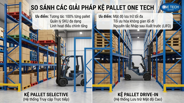 Bảng so sánh kệ Selective và kệ Drive-In trong kho hàng Bảng so sánh kệ Selective và kệ Drive-In trong kho hàng