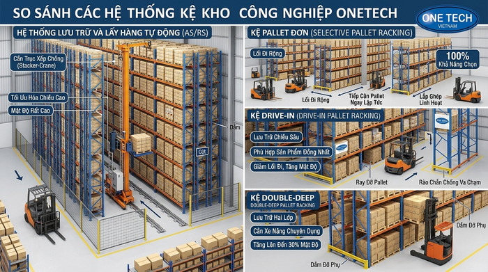 So sánh Stacker-Crane với các hệ kệ kho công nghiệp So sánh Stacker-Crane với kệ Selective Drive-In và Double-Deep