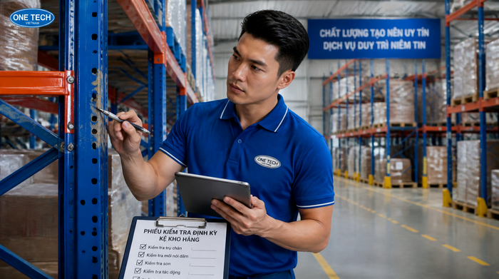 Bảo trì định kỳ kệ kho logistics Đồng Nai để kiểm tra chân trụ beam và lớp sơn