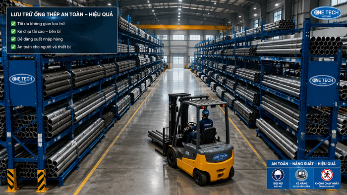 Bố trí luồng xe nâng khi dùng kệ để ống thép Bố trí lối xe nâng cho kệ để ống thép trong nhà kho