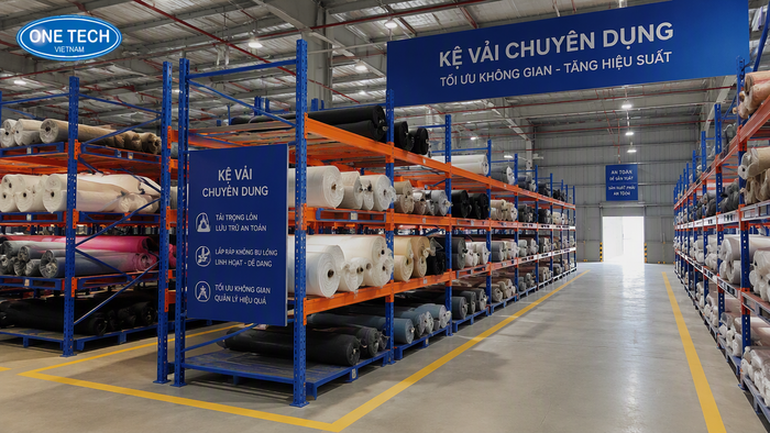 Kệ để vải Đồng Nai cho kho may mặc Kệ để vải Đồng Nai trong kho may mặc có lối đi xe nâng rộng và phân khu rõ ràng
