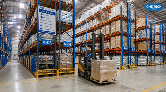 Kệ kho logistics Đồng Nai trong nhà kho công nghiệp sử dụng xe nâng pallet