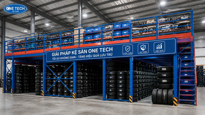 Kệ sàn mezzanine Đồng Nai cho kho lốp xe Kệ sàn mezzanine Đồng Nai kết hợp lưu trữ lốp xe và phụ tùng