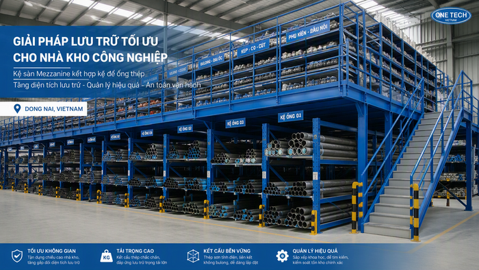 Kệ sàn mezzanine kết hợp khu vực lưu trữ ống thép Kệ sàn mezzanine kết hợp kệ để ống thép tại Đồng Nai