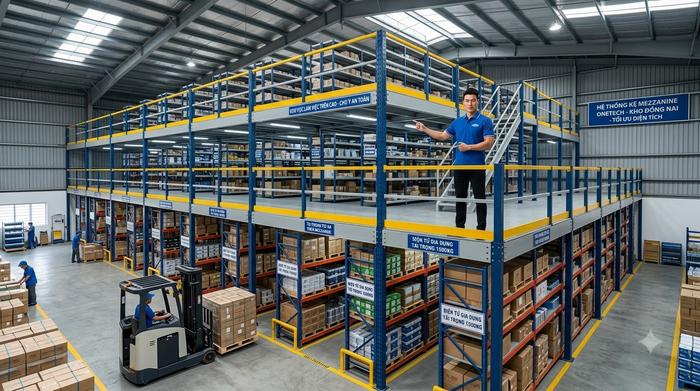 Kệ sàn mezzanine tối ưu không gian lưu trữ trong kho logistics Đồng Nai