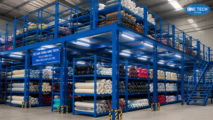 Kệ sàn mezzanine cho kho vải Đồng Nai Kệ sàn mezzanine giúp tăng diện tích lưu trữ cho kho vải tại Đồng Nai