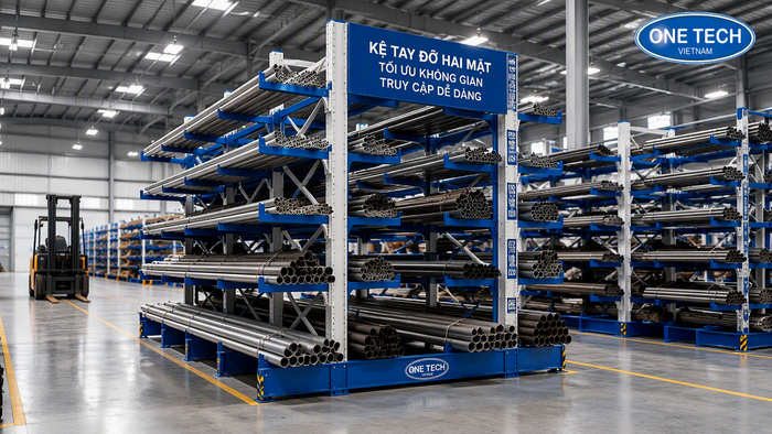 Kệ tay đỡ hai mặt tăng sức chứa cho kho ống thép Kệ tay đỡ hai mặt chứa ống thép trong kho lớn