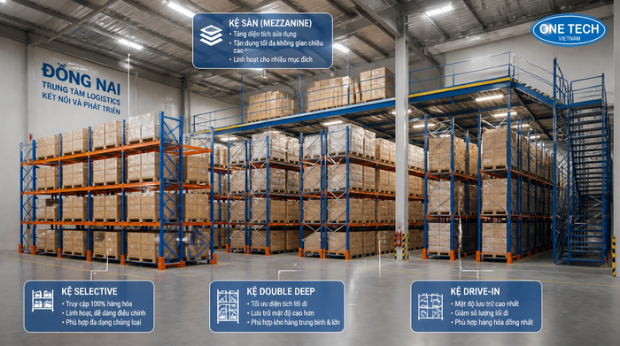 Bảng so sánh các loại kệ kho logistics Đồng Nai theo mật độ lưu trữ và khả năng lấy hàng