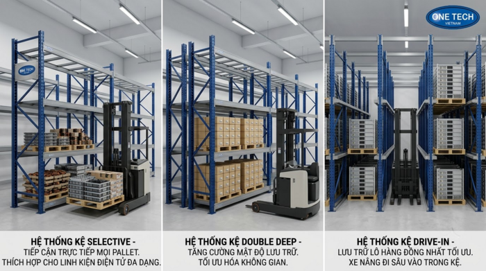 So sánh các mẫu kệ pallet cho kho linh kiện điện tử So sánh kệ selective double deep và drive in cho kho linh kiện