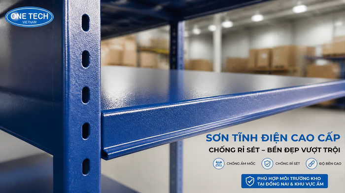 Sơn tĩnh điện kệ tải trọng nhẹ chống rỉ Đồng Nai Bề mặt sơn tĩnh điện giúp kệ tải trọng nhẹ chống rỉ tốt hơn trong kho Đồng Nai