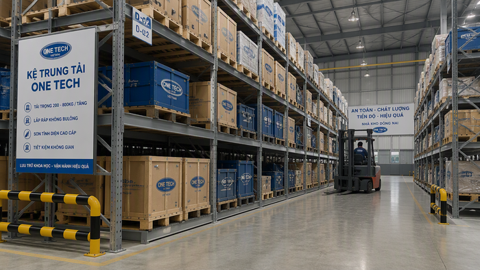 Thiết bị phụ trợ cho nhà kho Đồng Nai gồm xe nâng, pallet và rào chắn