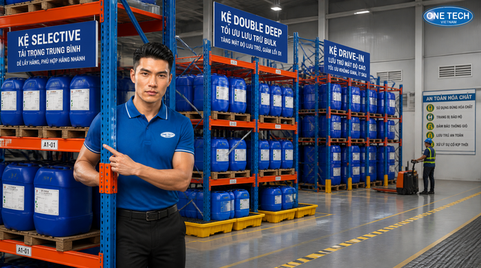Xe nâng vận hành kệ kho hóa chất Xe nâng vận hành trong hệ thống kệ kho hóa chất an toàn